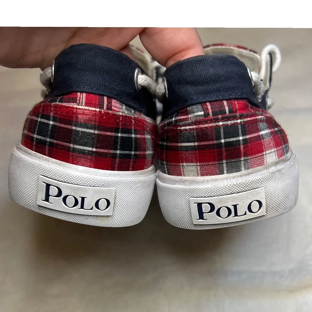 Polo Ralph Lauren‎ Plaid Boat Shoes Casual Loafers Red White Blue Size 8D Mens